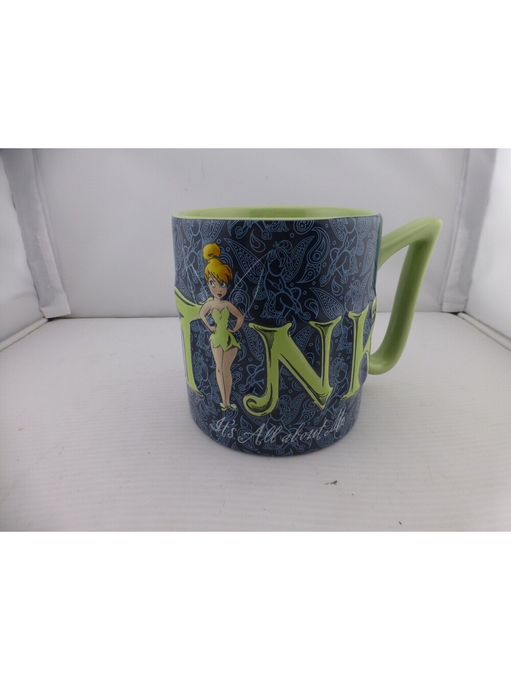 Disney Parks Tinker Bell "It's All About Me" Paisley Coffee Mug Cup Green J2